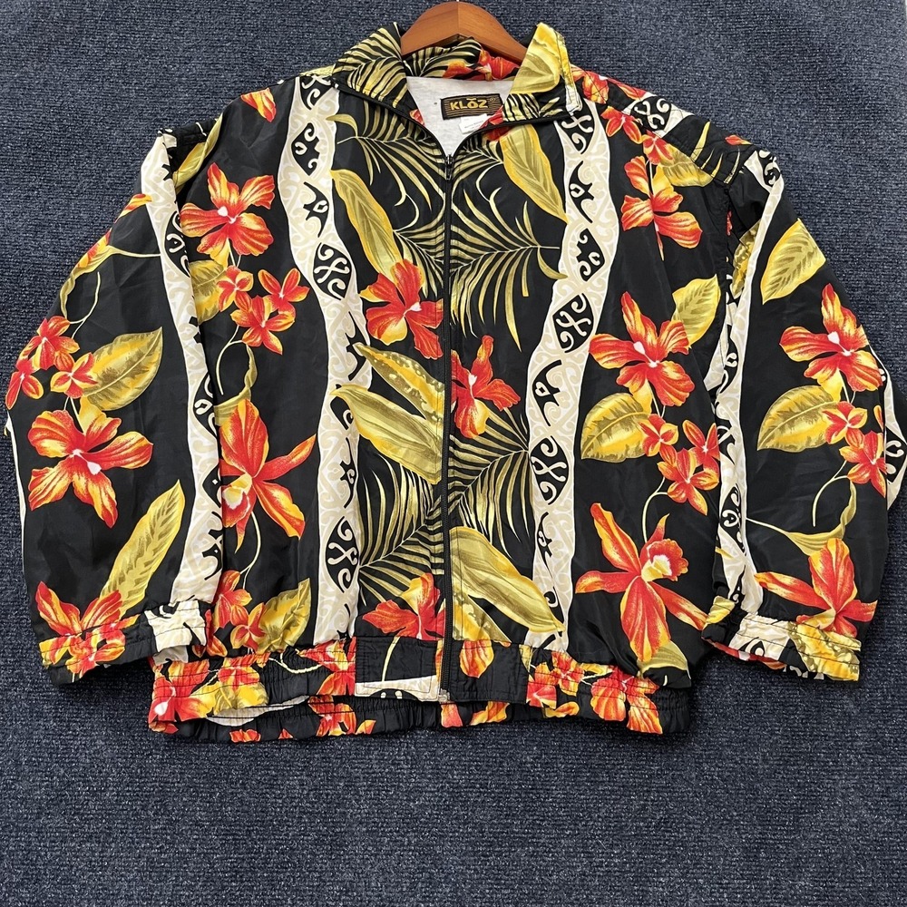 Kloz‎ Jacket Mens Medium Black Red Floral Tropical Hawaiian Zip Windbreaker